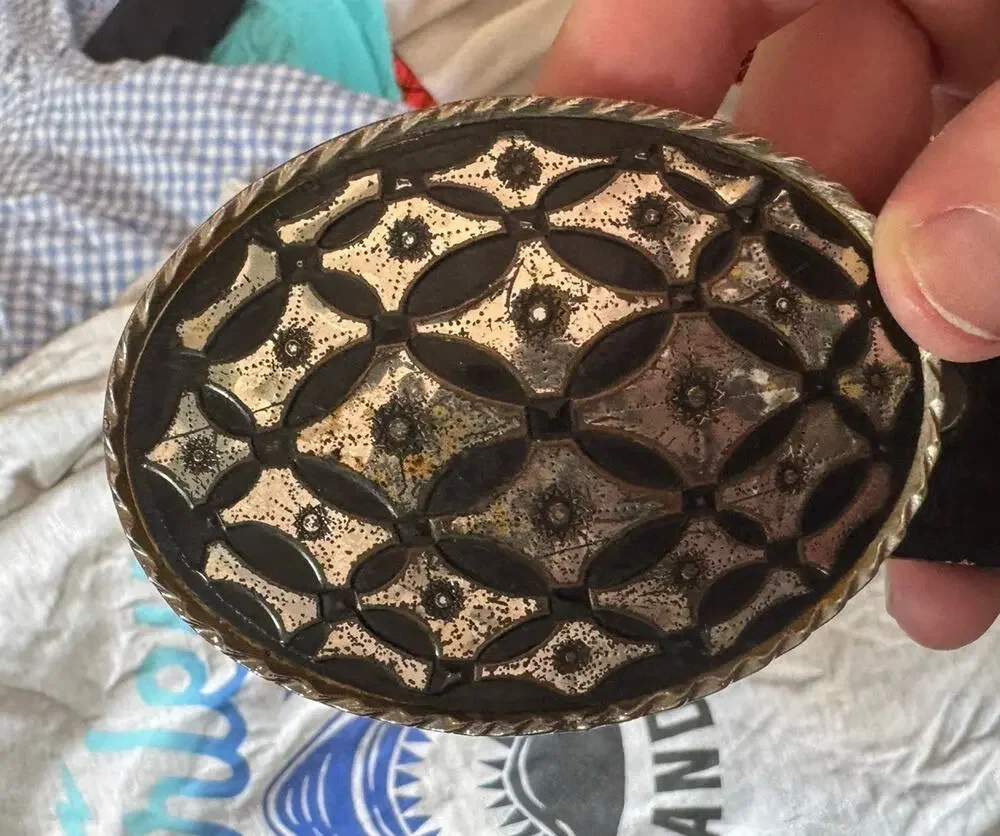 Vtg 70-80s Western Tooled Leather Belt Buckle 32 Buckstitch Pearl Inlay USA Made